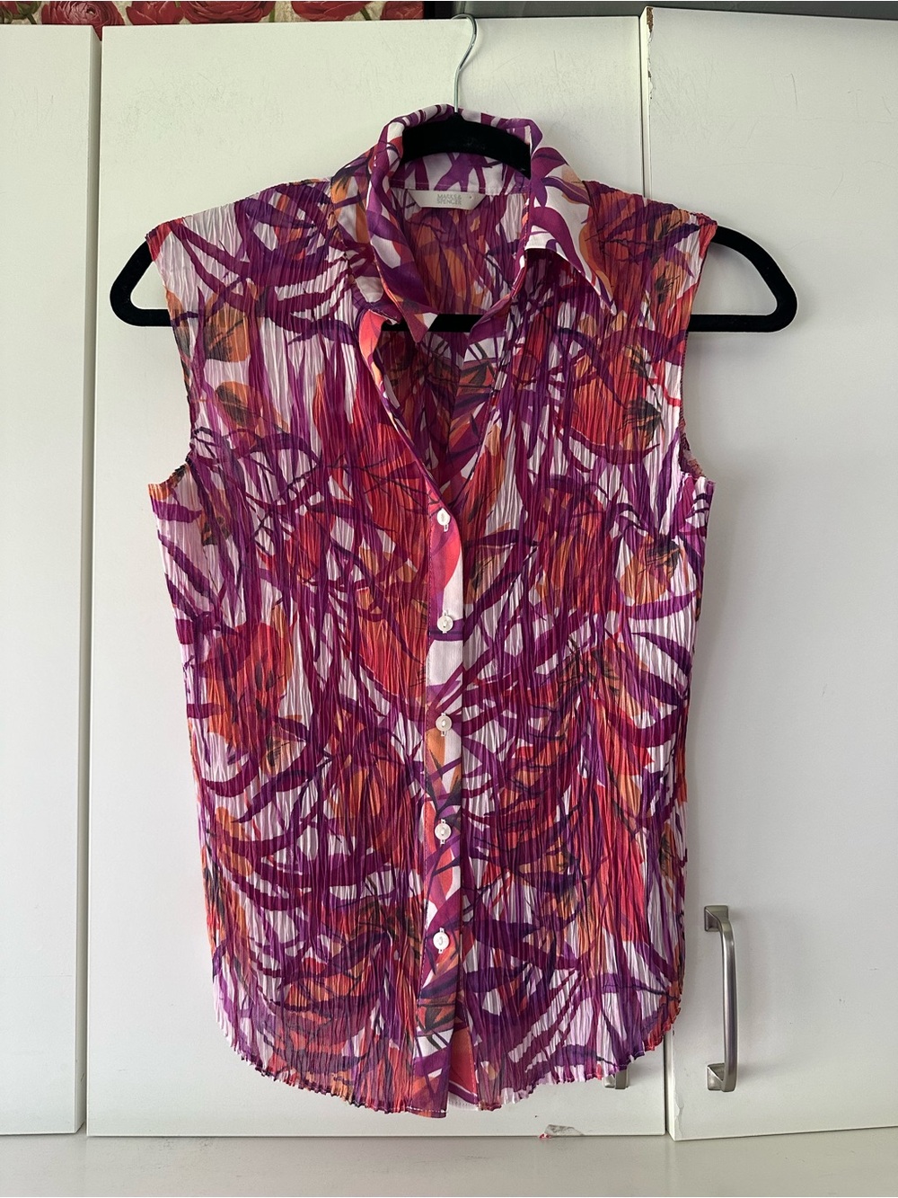 🌺 Marks & Spencer Sleeveless Crinkle Blouse Pink Purple Floral UK 14 US 10